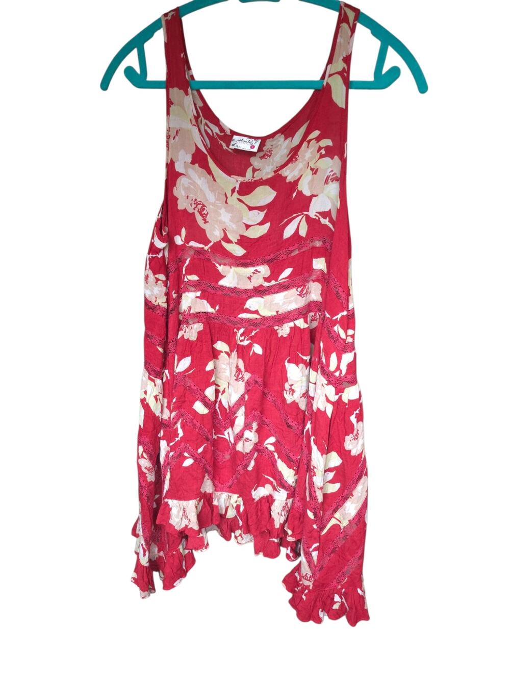 Intimately Free People Voile Lace Trapeze Slip Dress Red Floral Small